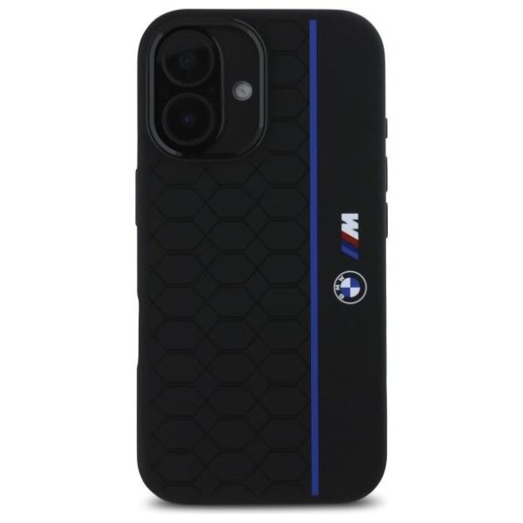 BMW BMHMP16S23SHEB Silicone Hexagon Blue Line MagSafe-kompatibilis keménytok iPhone 16 - fekete