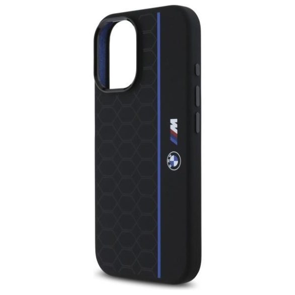 BMW BMHMP16S23SHEB Silicone Hexagon Blue Line MagSafe-kompatibilis keménytok iPhone 16 - fekete