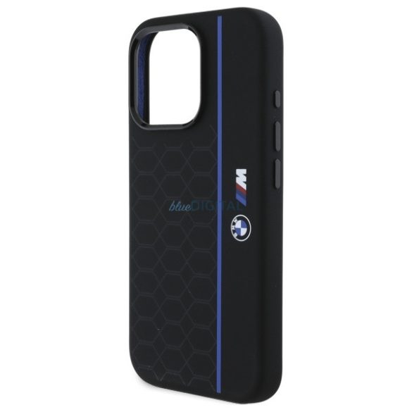 BMW BMHMP16L23SHEB Silicone Hexagon Blue Line MagSafe-kompatibilis keménytok iPhone 16 Pro - fekete