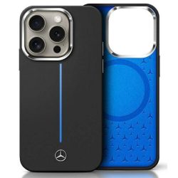   Mercedes MEHMP16S23SUMBK Silicone Blue Stripe MagSafe-kompatibilis keménytok iPhone 16 - fekete
