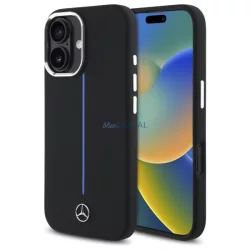   Mercedes MEHMP16S23SUMBK Silicone Blue Stripe MagSafe-kompatibilis keménytok iPhone 16 - fekete
