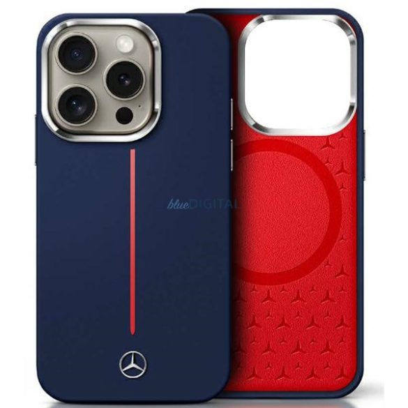 Mercedes MEHMP16X23SUMRV Silicone Red Stripe MagSafe-kompatibilis keménytok iPhone 16 Pro - tengerészkék