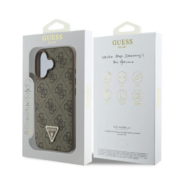 Guess GUHCP16SP4TDPW Leather 4G Triangle Strass keménytok iPhone 16 - barna