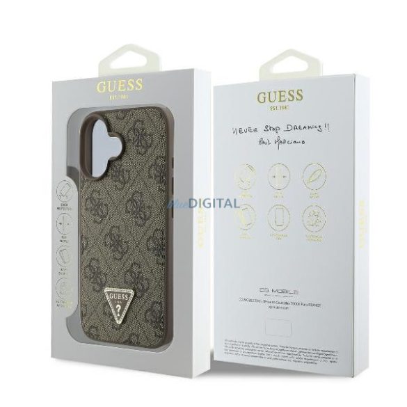 Guess GUHCP16MP4TDPW Leather 4G Triangle Strass keménytok iPhone 16 Plus - barna