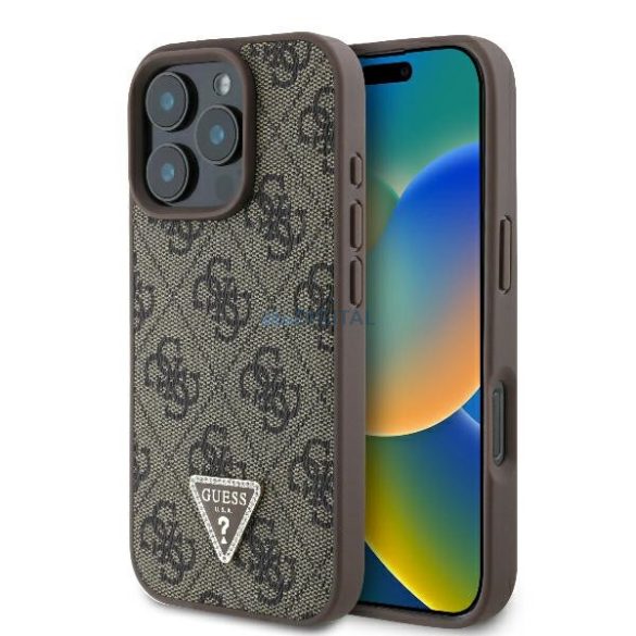 Guess GUHCP16LP4TDPW Leather 4G Triangle Strass keménytok iPhone 16 Pro - barna