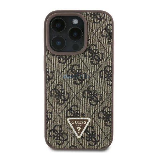 Guess GUHCP16LP4TDPW Leather 4G Triangle Strass keménytok iPhone 16 Pro - barna