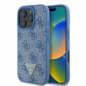 Guess GUHCP16LP4TDPB Leather 4G Triangle Strass keménytok iPhone 16 Pro - kék