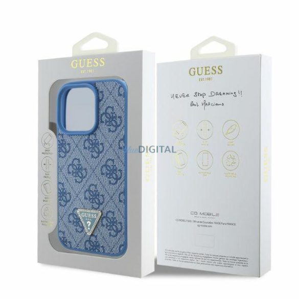 Guess GUHCP16LP4TDPB Leather 4G Triangle Strass keménytok iPhone 16 Pro - kék