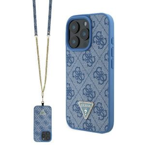 Guess GUHCP16LP4TDSCPB Leather Metal Logo Strass Crossbody keménytok iPhone 16 Pro - kék