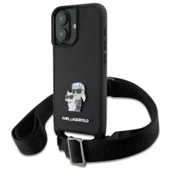   Karl Lagerfeld KLHCP16SSAKCPBK Saffiano Karl&Choupette Metal Pin CBDY Strap keménytok iPhone 16 - fekete