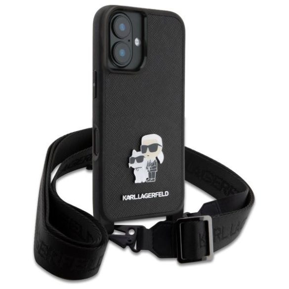 Karl Lagerfeld KLHCP16SSAKCPBK Saffiano Karl&Choupette Metal Pin CBDY Strap keménytok iPhone 16 - fekete