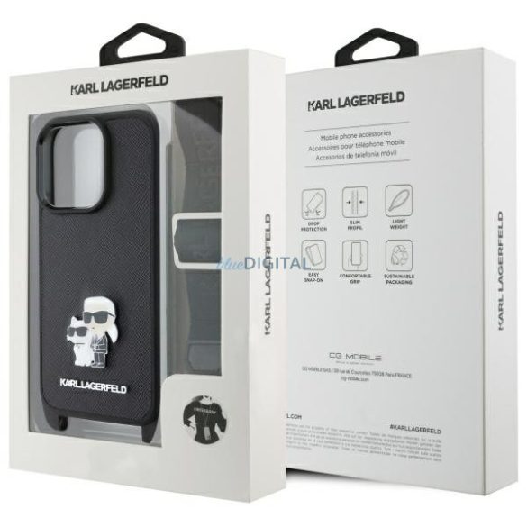 Karl Lagerfeld KLHCP16LSAKCPBK Saffiano Karl&Choupette Metal Pin CBDY Strap keménytok iPhone 16 Pro - fekete