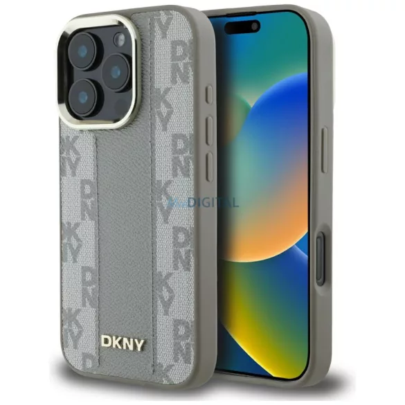 DKNY kockás mintás Magsafe tok iPhone 16 Pro Max, bézs színben