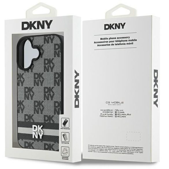 DKNY DKHCP16SPCPTSSK Checkered Pattern & Printed Stripes keménytok iPhone 16 - fekete