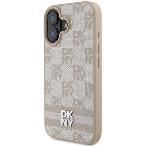 DKNY DKHCP16SPCPTSSP Checkered Pattern & Printed Stripes keménytok iPhone 16 - rózsaszín