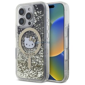 Hello Kitty HKHMP16LLGDIK Liquid Glitter Fever MagSafe-kompatibilis keménytok iPhone 16 Pro - fekete