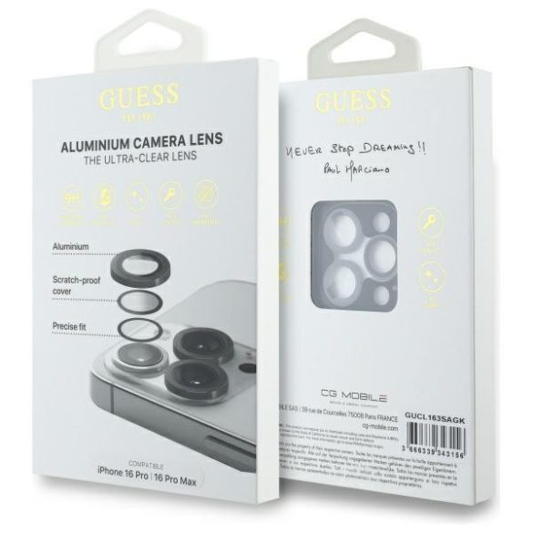 Guess GUCL163SAGK Max Lens Protective Metal kamera lencse védő fólia fekete szegéllyel iPhone 16 Pro Max