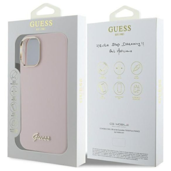 Guess GUHCP16SSMBSLP Silicone Script Metal Logo keménytok iPhone 16 - rózsaszín