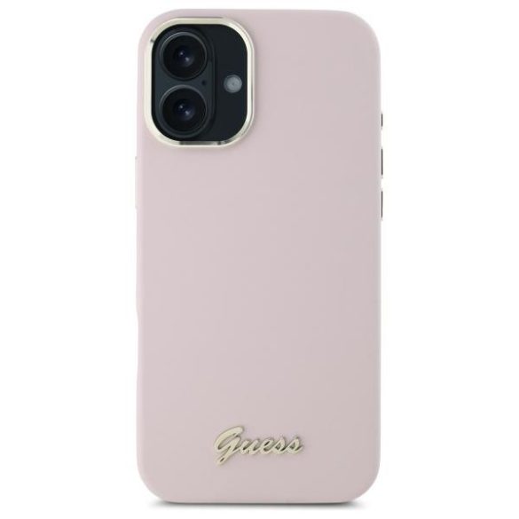 Guess GUHCP16MSMBSLP Silicone Script Metal Logo keménytok iPhone 16 Plus - rózsaszín