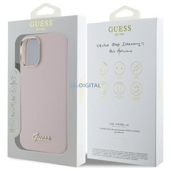 Guess GUHCP16MSMBSLP Silicone Script Metal Logo keménytok iPhone 16 Plus - rózsaszín