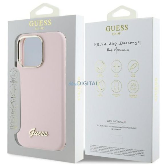 Guess GUHCP16LSMBSLP Silicone Script Metal Logo keménytok iPhone 16 Pro - rózsaszín