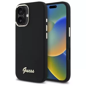 Guess GUHCP16SSMBSLK iPhone 16 6.1" fekete keménytok szilikon script fém logó és keret