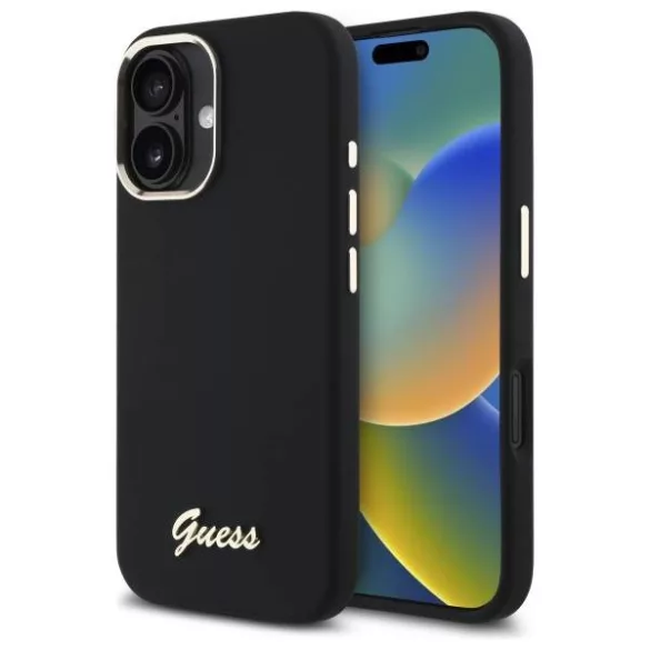 Guess GUHCP16SSMBSLK iPhone 16 6.1" fekete keménytok szilikon script fém logó és keret