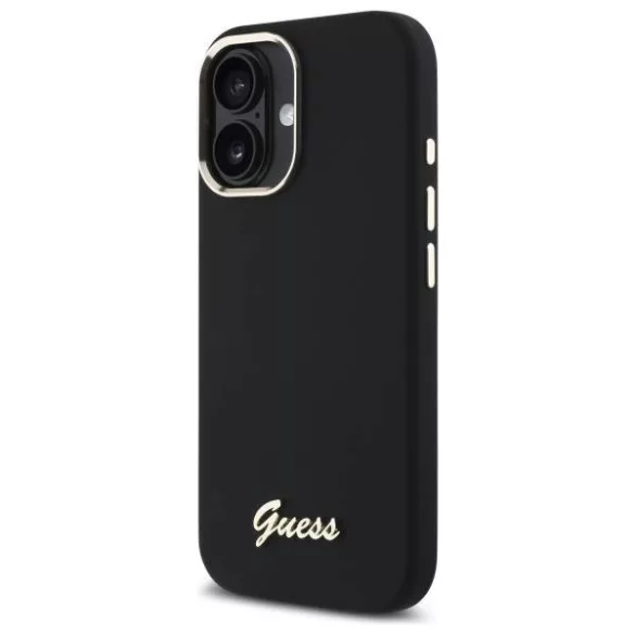 Guess GUHCP16SSMBSLK iPhone 16 6.1" fekete keménytok szilikon script fém logó és keret