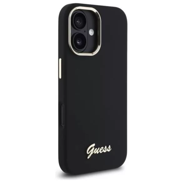 Guess GUHCP16SSMBSLK iPhone 16 6.1" fekete keménytok szilikon script fém logó és keret