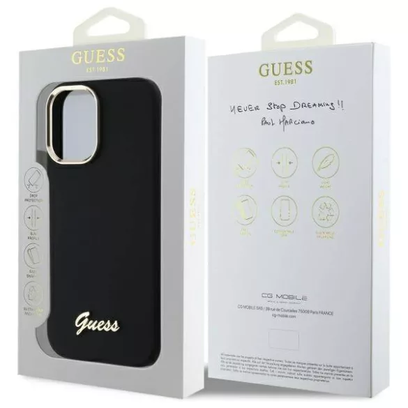 Guess GUHCP16MSMBSLK iPhone 16 Plus 6.7" fekete keménytok szilikon script fém logó és keret