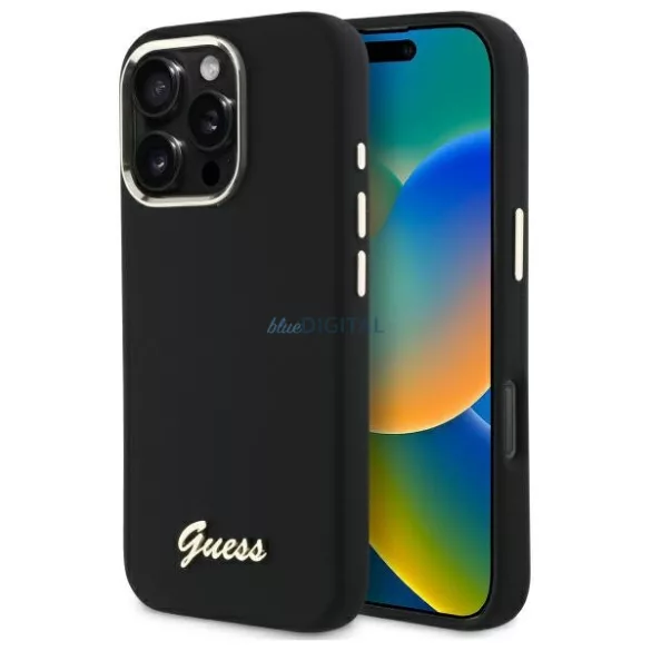 Guess GUHCP16LSMBSLK iPhone 16 Pro 6.3" fekete keménytok szilikon script fém logó és keret