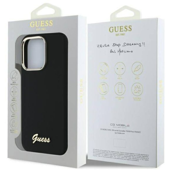 Guess GUHCP16LSMBSLK iPhone 16 Pro 6.3" fekete keménytok szilikon script fém logó és keret