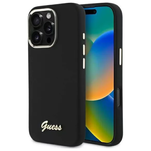 Guess GUHCP16XSMBSLK iPhone 16 Pro Max 6.9" fekete keménytok szilikon script fém logó és keret