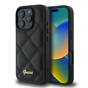 Guess GUHCP16XPSQSQSK Quilted Metal Logo keménytok iPhone 16 Pro Max - fekete