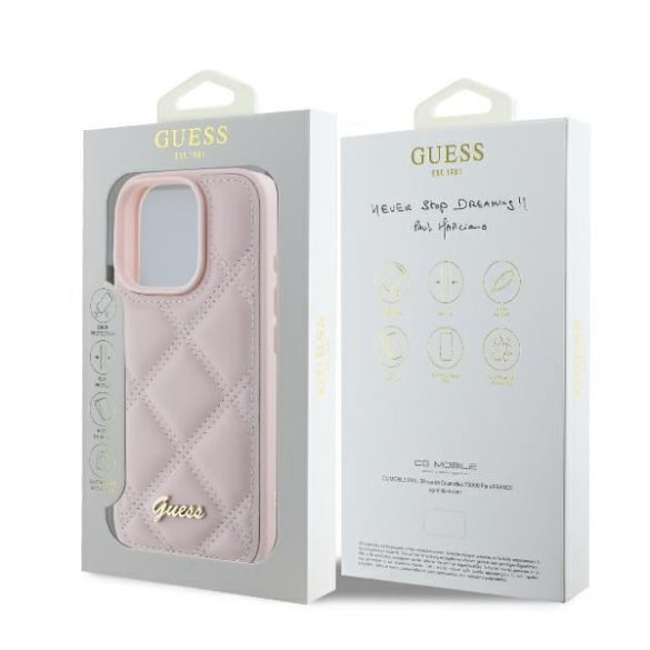 Guess GUHCP16LPSQSQSP Quilted Metal Logo keménytok iPhone 16 Pro - rózsaszín