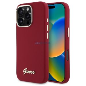 Guess GUHCP16LSMBSLM Silicone Script Metal Logo keménytok iPhone 16 Pro - piros
