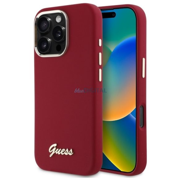 Guess GUHCP16LSMBSLM Silicone Script Metal Logo keménytok iPhone 16 Pro - piros