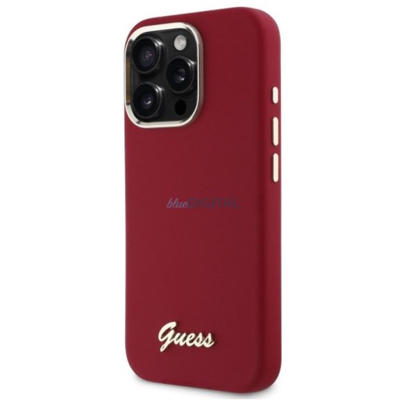 Guess GUHCP16LSMBSLM Silicone Script Metal Logo keménytok iPhone 16 Pro - piros