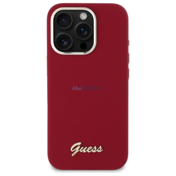 Guess GUHCP16LSMBSLM Silicone Script Metal Logo keménytok iPhone 16 Pro - piros