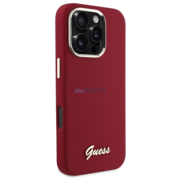 Guess GUHCP16LSMBSLM Silicone Script Metal Logo keménytok iPhone 16 Pro - piros