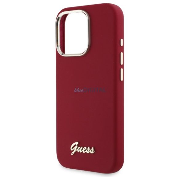 Guess GUHCP16LSMBSLM Silicone Script Metal Logo keménytok iPhone 16 Pro - piros