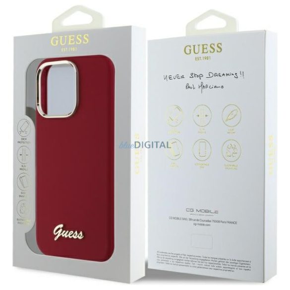 Guess GUHCP16LSMBSLM Silicone Script Metal Logo keménytok iPhone 16 Pro - piros