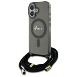   Guess GUHMP16SHCTSGNSK Crossbody Cord Script MagSafe MagSafe-kompatibilis keménytok iPhone 16 - fekete