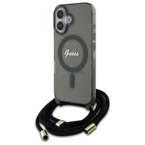 Guess GUHMP16SHCTSGNSK Crossbody Cord Script MagSafe MagSafe-kompatibilis keménytok iPhone 16 - fekete