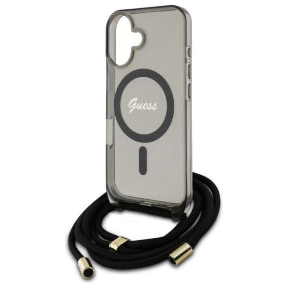 Guess GUHMP16SHCTSGNSK Crossbody Cord Script MagSafe MagSafe-kompatibilis keménytok iPhone 16 - fekete