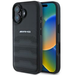   AMG AMHCP16SGSEBK Leather Debossed Lines Black Logo keménytok iPhone 16 - fekete