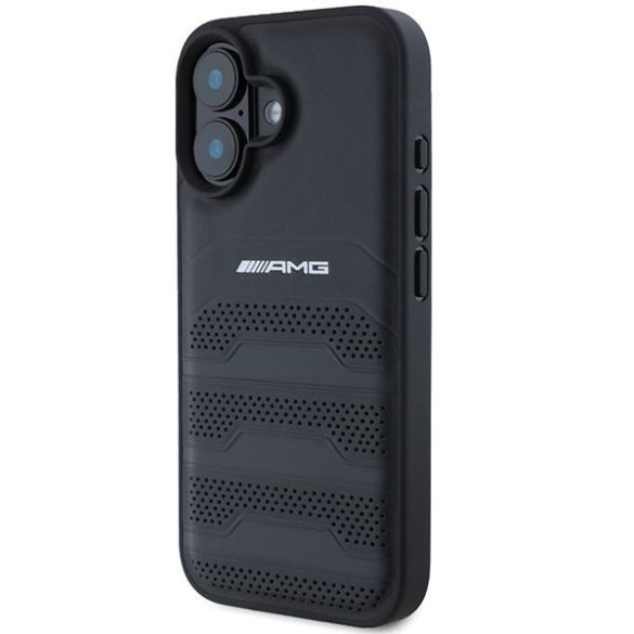 AMG AMHCP16SGSEBK Leather Debossed Lines Black Logo keménytok iPhone 16 - fekete