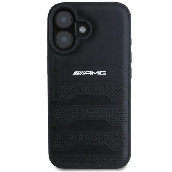 AMG AMHCP16SGSEBK Leather Debossed Lines Black Logo keménytok iPhone 16 - fekete