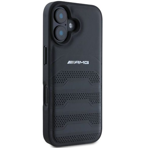 AMG AMHCP16SGSEBK Leather Debossed Lines Black Logo keménytok iPhone 16 - fekete