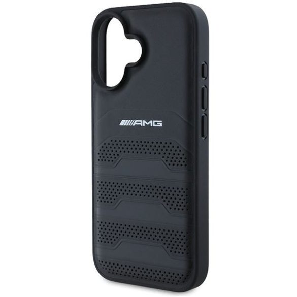 AMG AMHCP16SGSEBK Leather Debossed Lines Black Logo keménytok iPhone 16 - fekete